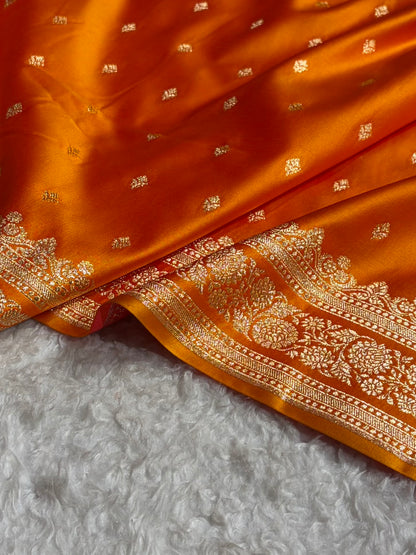 Orange Gold Shades Booti Pattern Satin Katan Silk Saree SK51