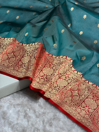 Contrast Pure Banarasi Organza Rama With Red Floral Banarasi Silk Saree PO-17