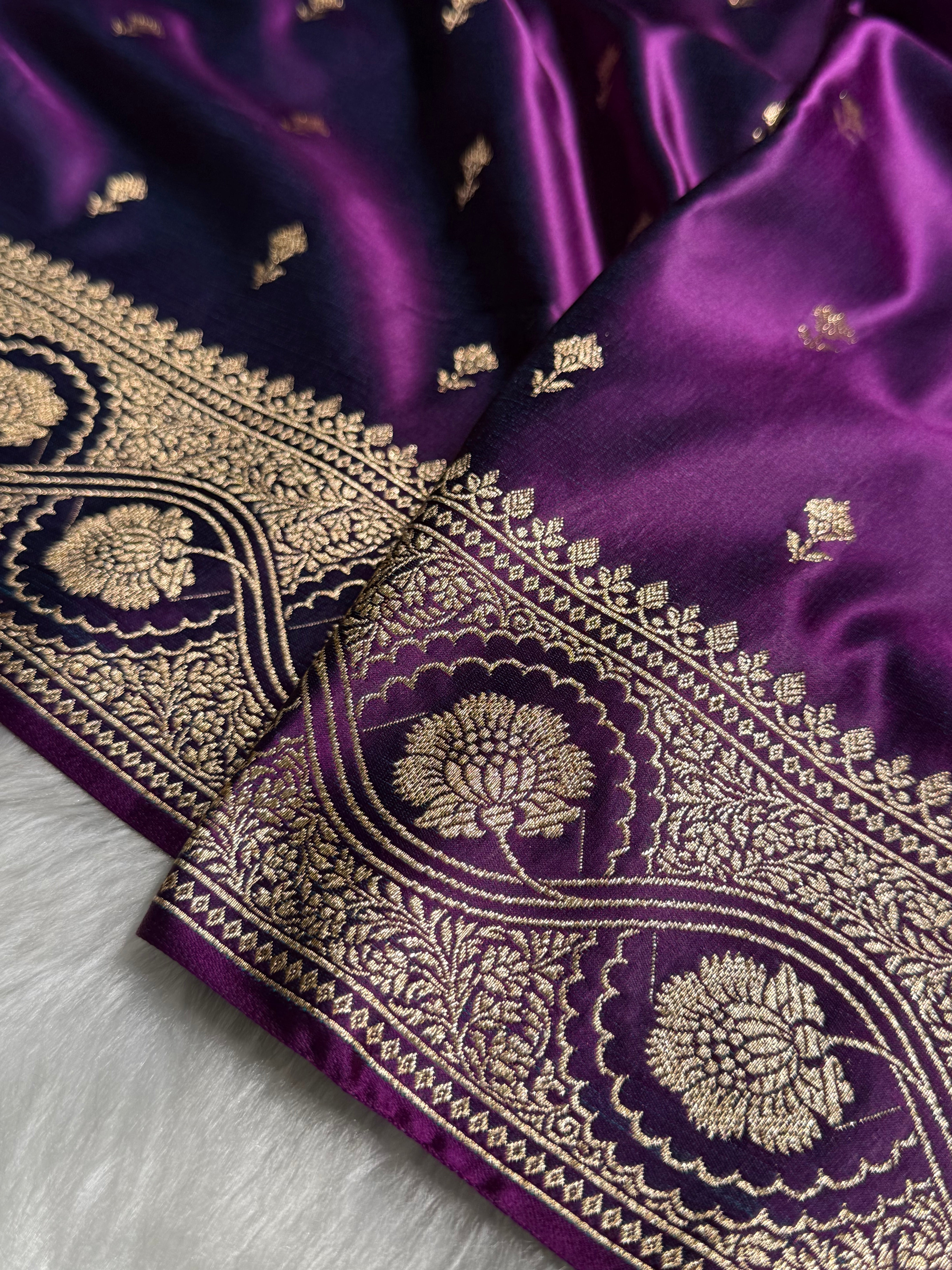 Cross Purple Booti Pattern Satin Katan Silk Saree SK54