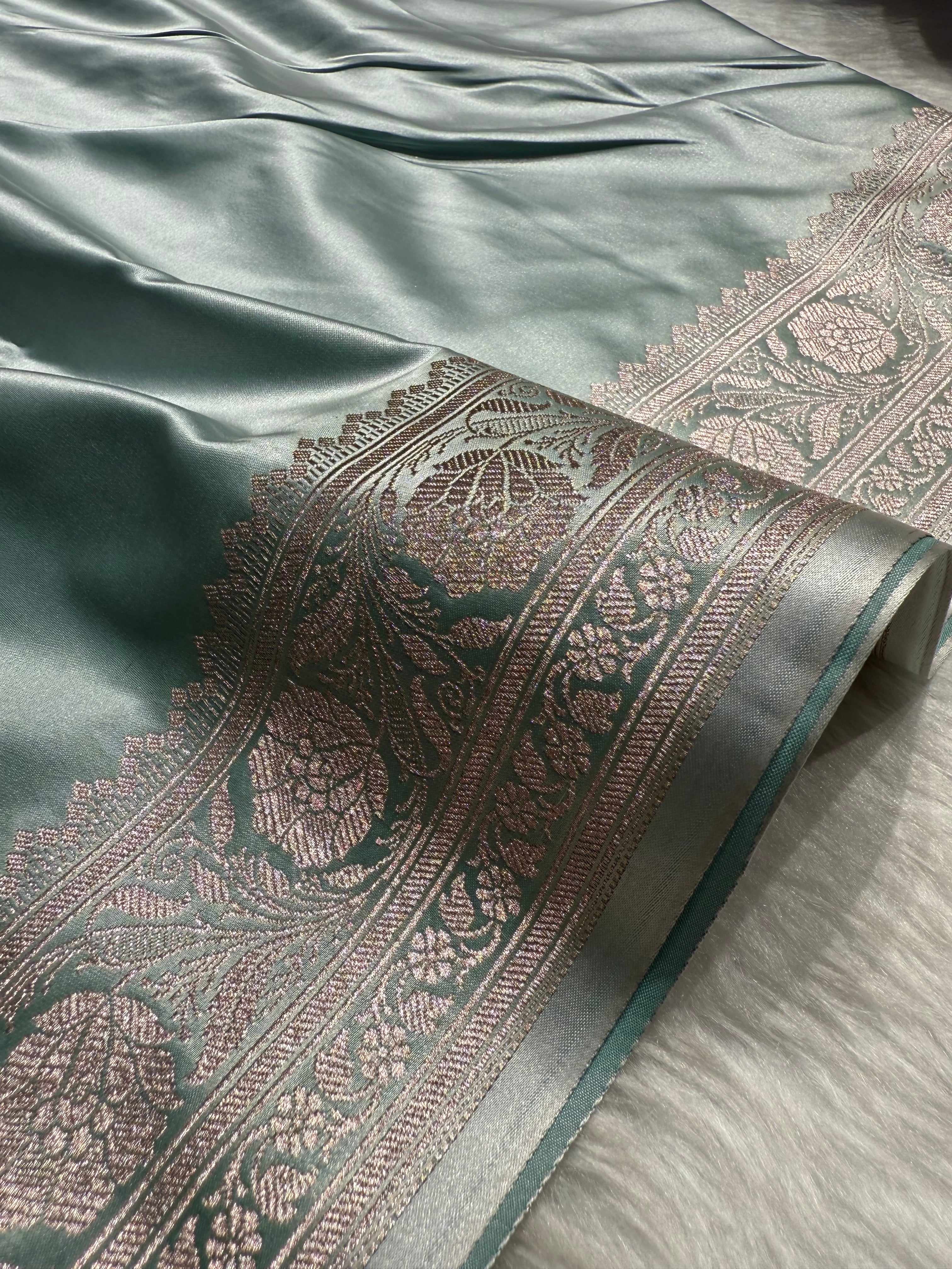 Dusty Sea Green Shades Plain Mashru Silk Saree