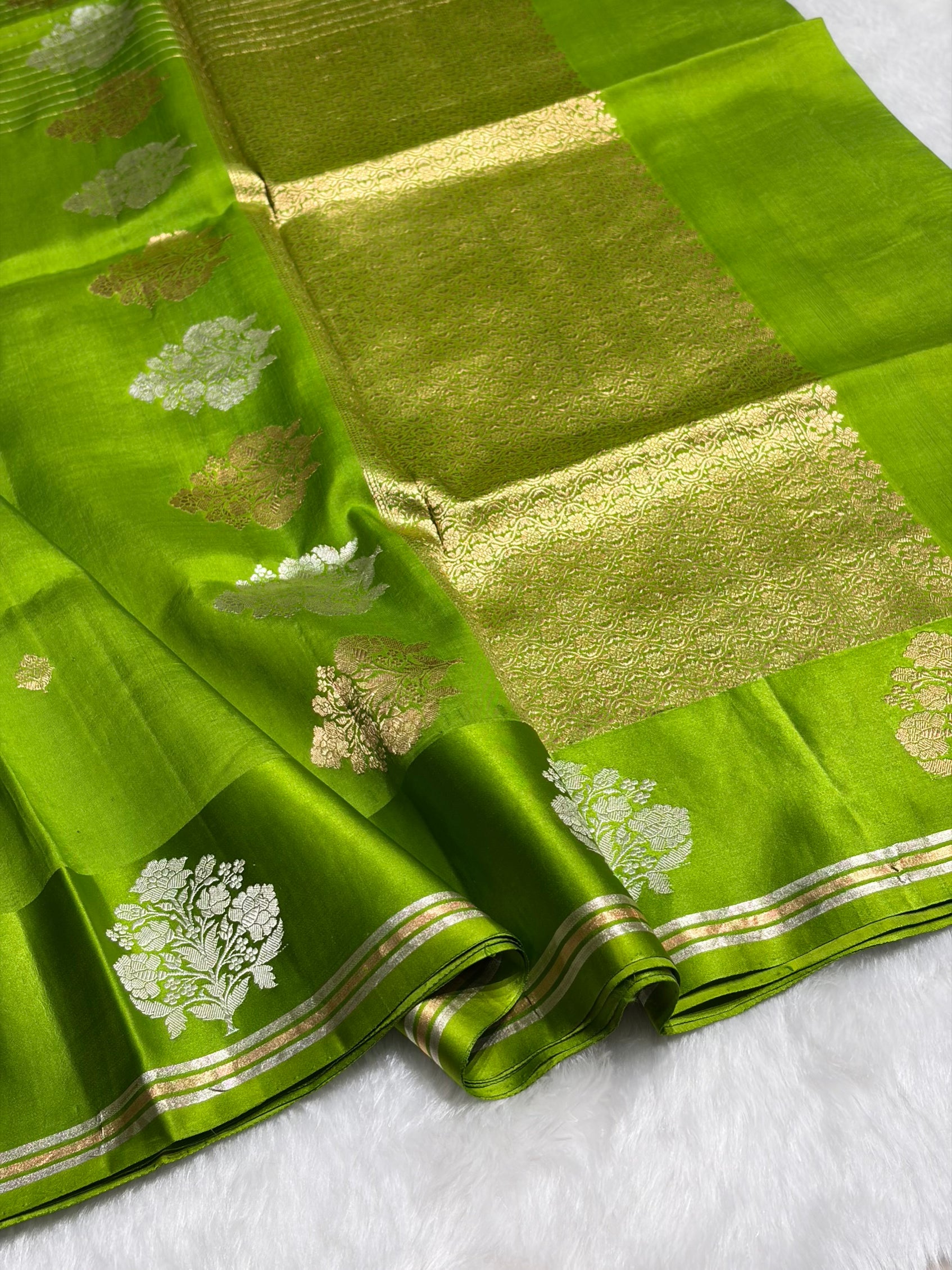 Parrot Green Shades Meena Boota Handwoven Pure Katan Raw Mango Silk RM-01