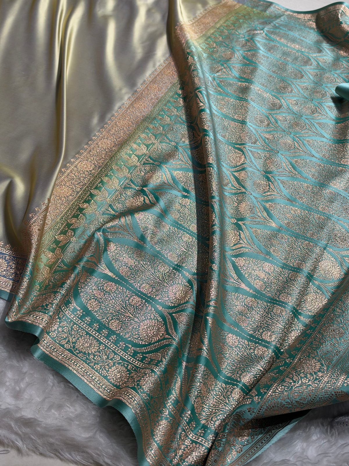 Banarasi Satin Katan Saree in Contrast Dusty Beige - Sea Green Shades SK131