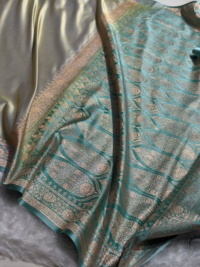 Banarasi Satin Katan Saree in Contrast Dusty Beige - Sea Green Shades SK131