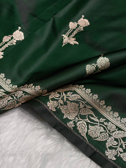 Dark Bottle Green Boota With Floral Border Mashru Silk Saree MSM-92