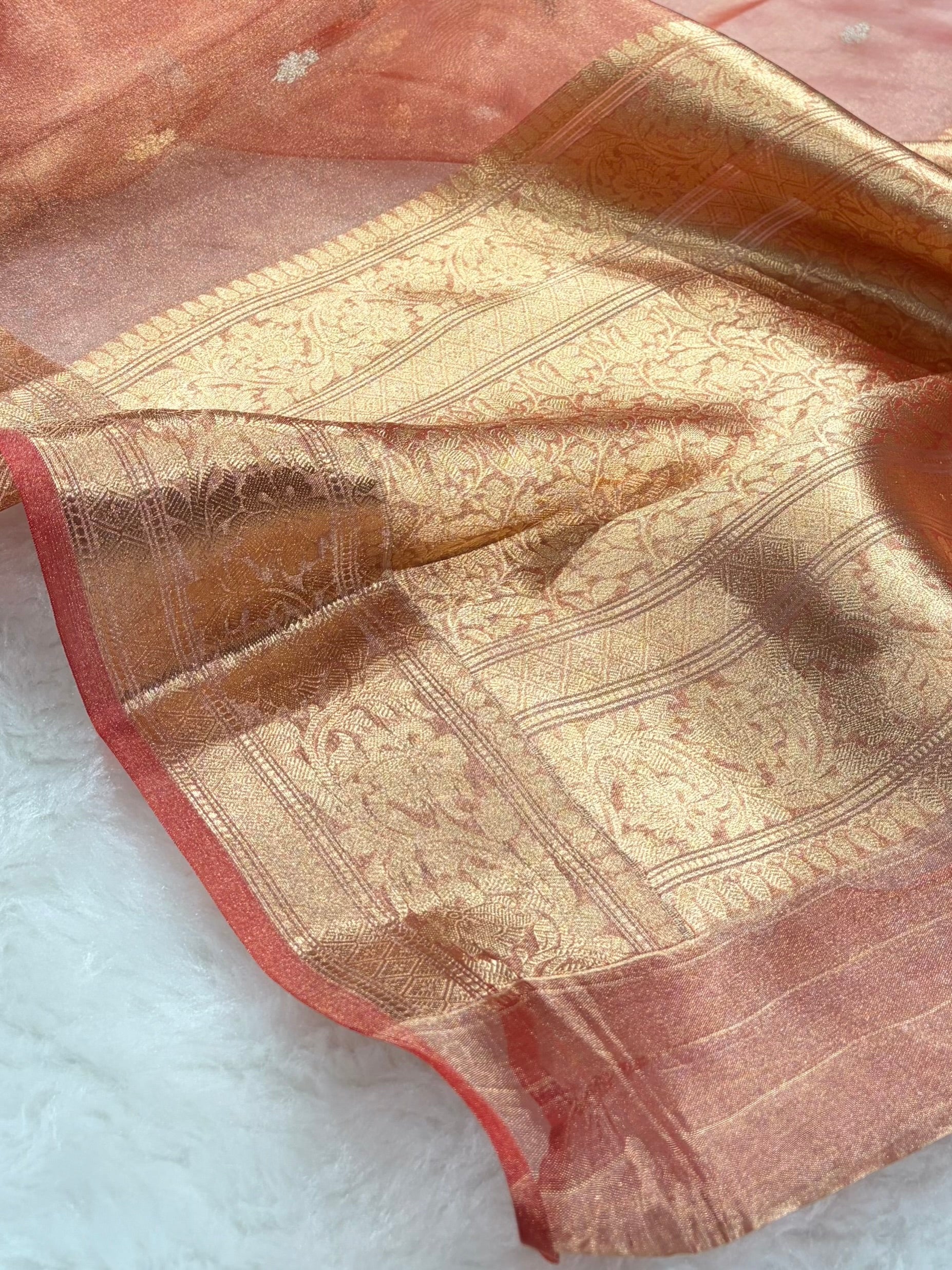 Peach Shades Bananasi Floral Shades Pure Tissue Silk Saree PT-58