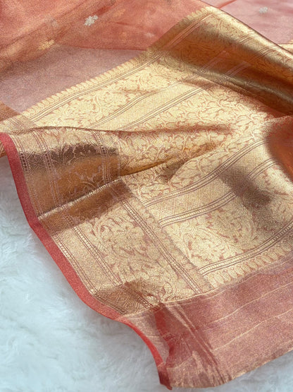 Peach Shades Bananasi Floral Shades Pure Tissue Silk Saree PT-58