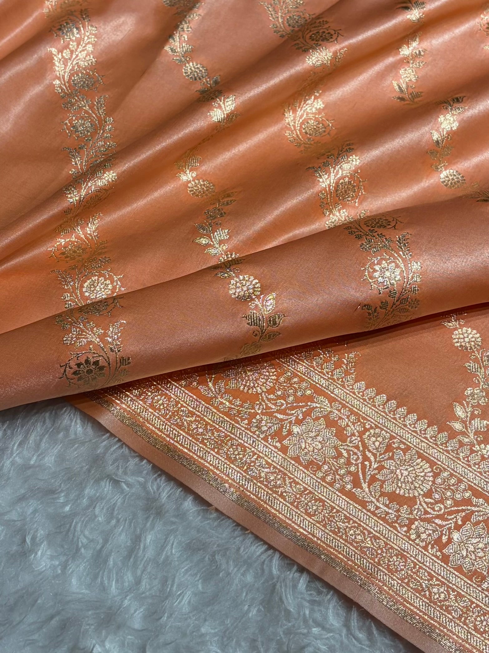 Banarasi Light Weight Satin Silk Peach Cross Pattern SS10