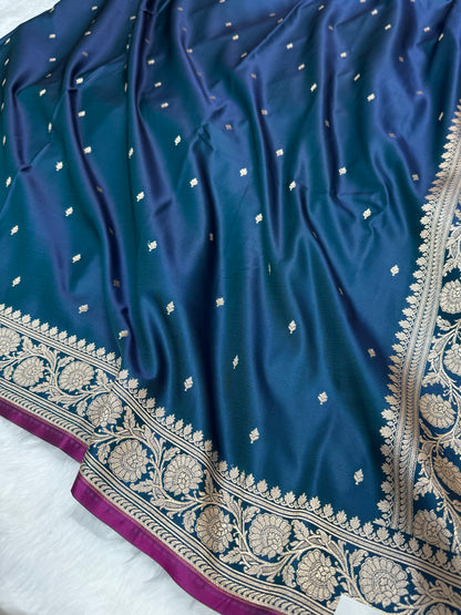 German Blue Shades Floral Mashru Silk Saree MSM 71