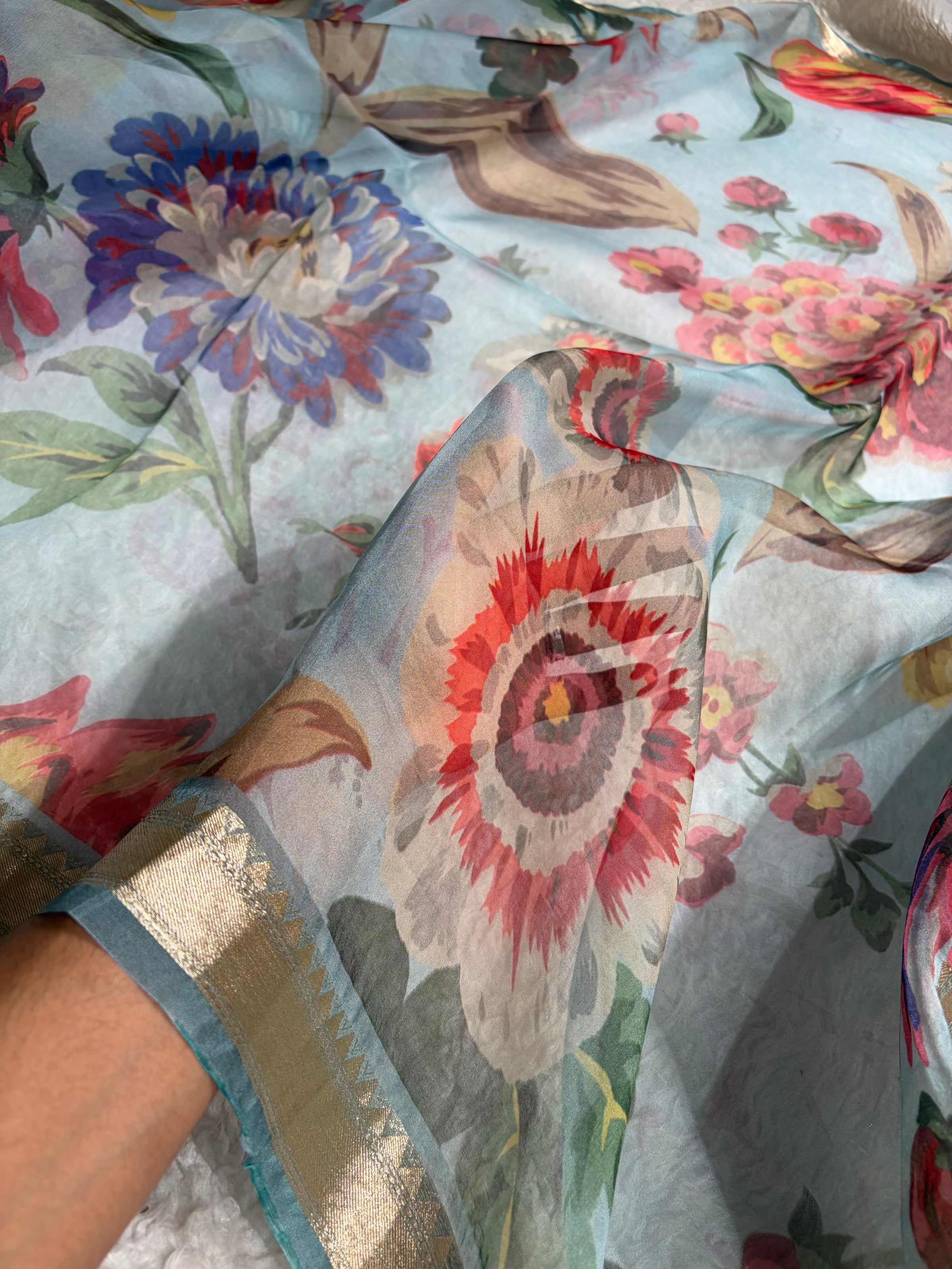 Organza with Pastel Multicolor Florals & Gold Zari Border POP18