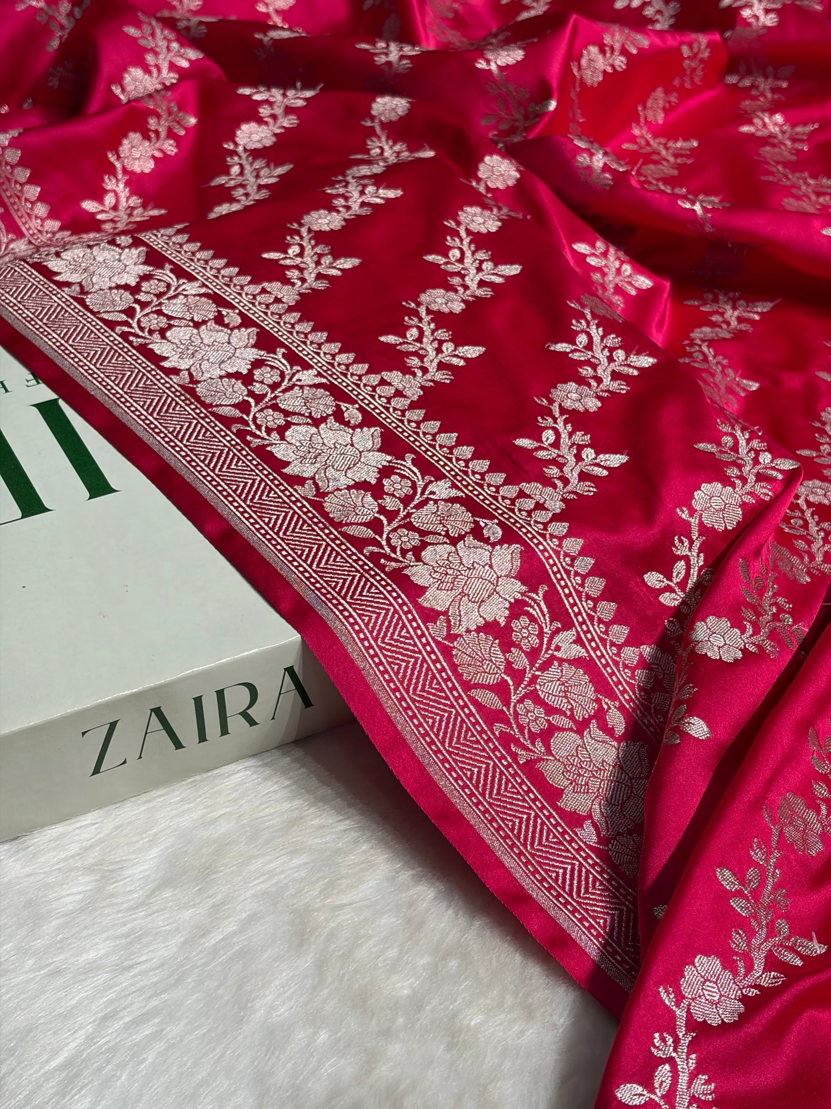 Ruby Pink Shades Banarasi Cross Jaal Mashru Silk Saree MS18