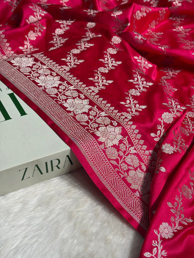 Ruby Pink Shades Banarasi Cross Jaal Mashru Silk Saree MCS18