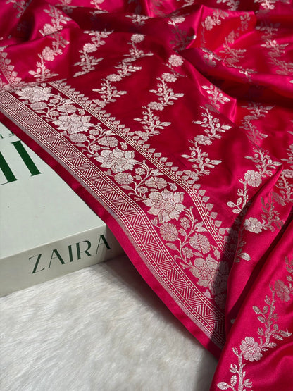 Ruby Pink Shades Banarasi Cross Jaal Mashru Silk Saree MS18