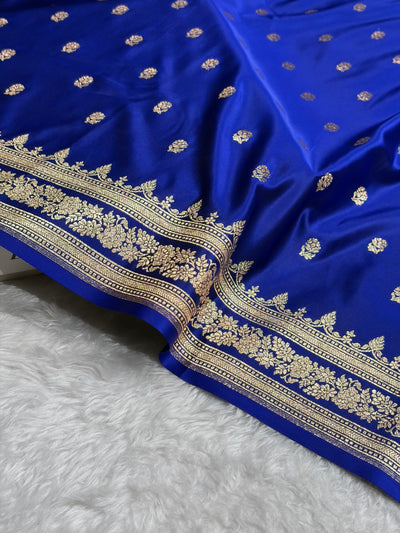 Banarasi Cross Royal Blue Floral Pattern Satin Katan Silk Saree SK76