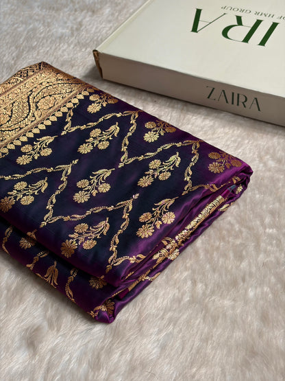 Wine Cross with Boota Pattern Satin Katan Silk Saree SK67