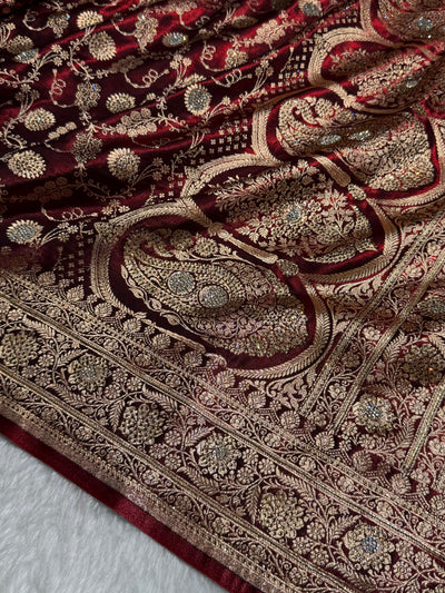 Banarasi Maroon Satin Silk Jaal with Swavroski Work BSS17