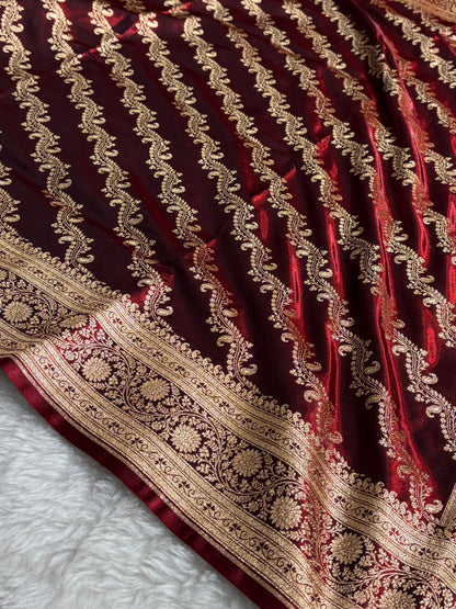 Maroon Shades Cross Pattern Banarasi Satin Silk Saree SS39