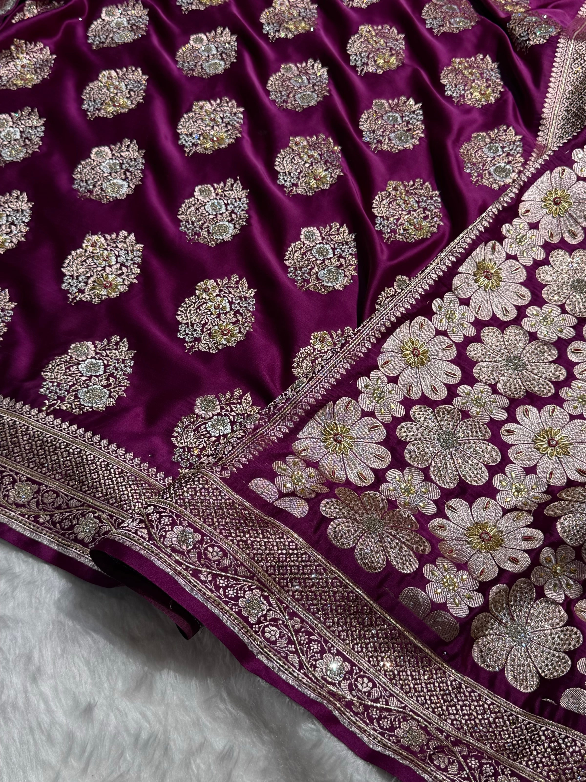 Premium Birdal Banarasi Satin Katan Saree With Swarovski Ari & Zardozi Work Minakari Boota in Wine Shades BSK93