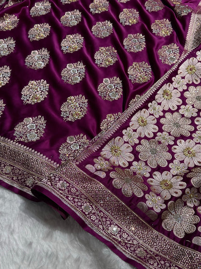 Premium Birdal Banarasi Satin Katan Saree With Swarovski Ari & Zardozi Work Minakari Boota in Wine Shades BSK93