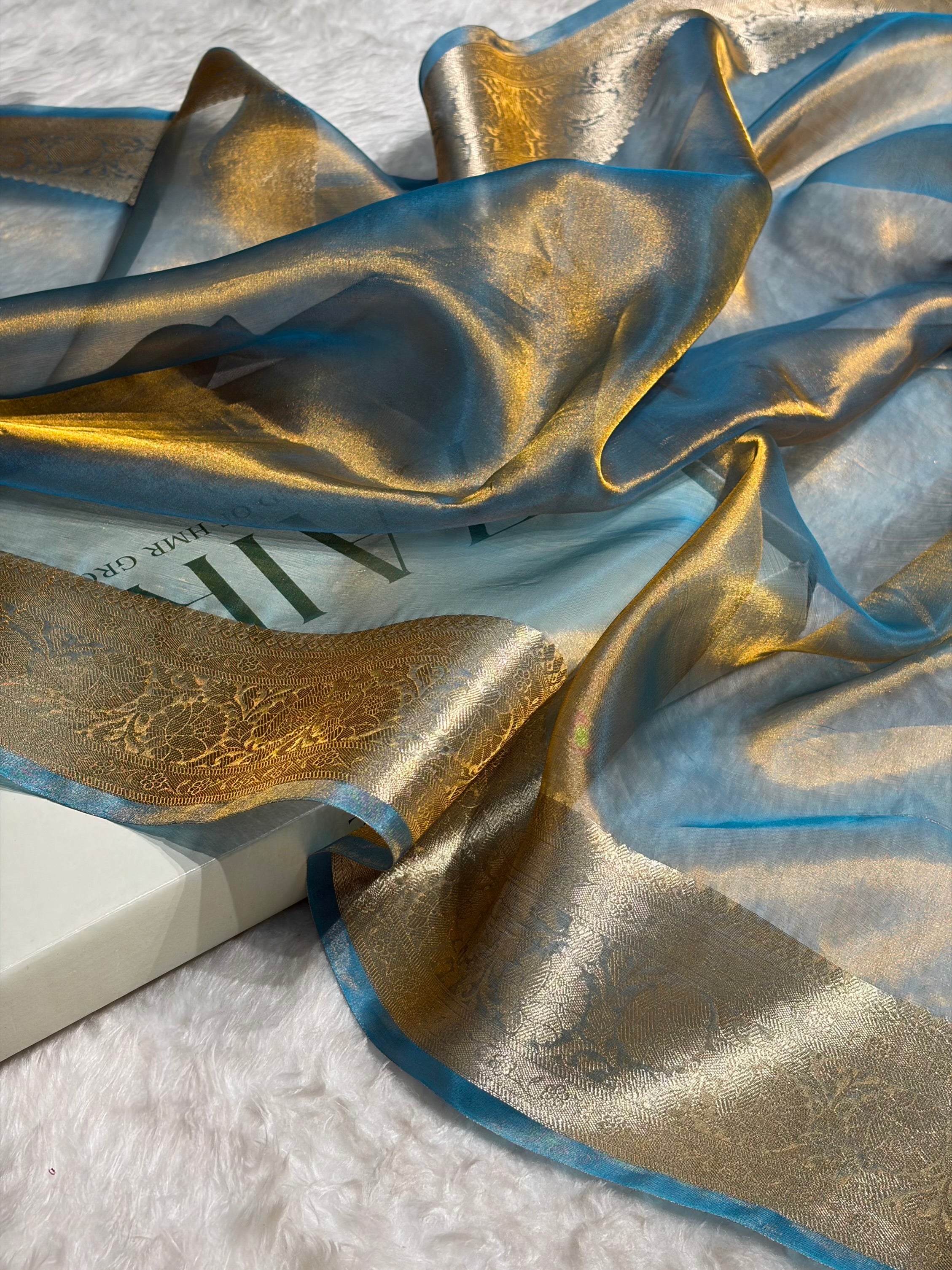 Goldish Firozi Shades Banarasi Pure Tissue Silk Saree with Brocade Blouse PT-18