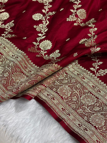 Maroon Katan Silk Saree In Cross Floral Motif