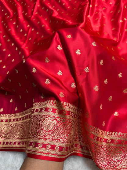 Cross Red Floral Pattern Satin Katan Silk Saree SK78