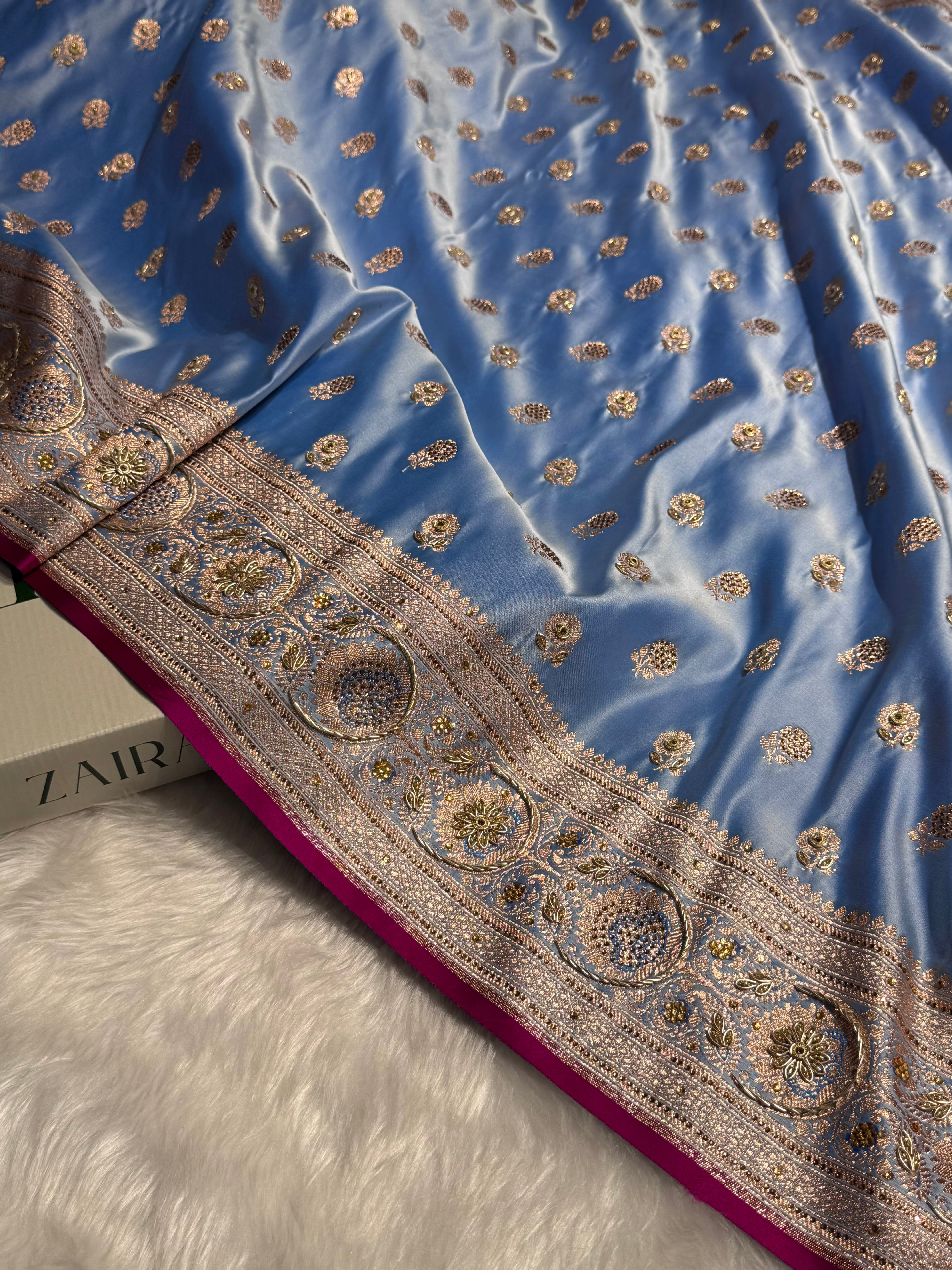 Powder Blue Shades Booti Katan Silk Saree with Stone & Zardozi Work BSK12