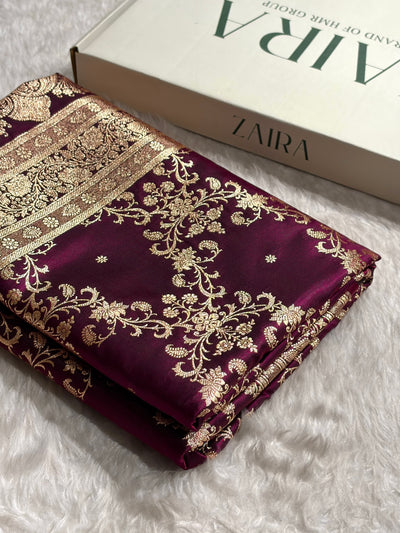 Wine Shades Jaal Pattern Banarasi Satin Silk Saree SS48