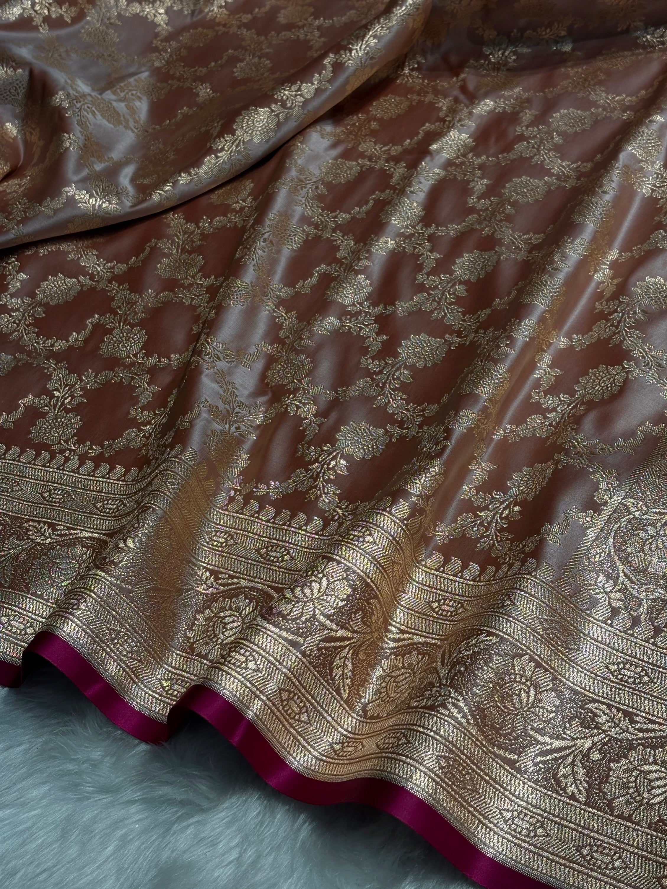 Dusty Peach Jaal Pattern Satin Katan Silk Saree SK25