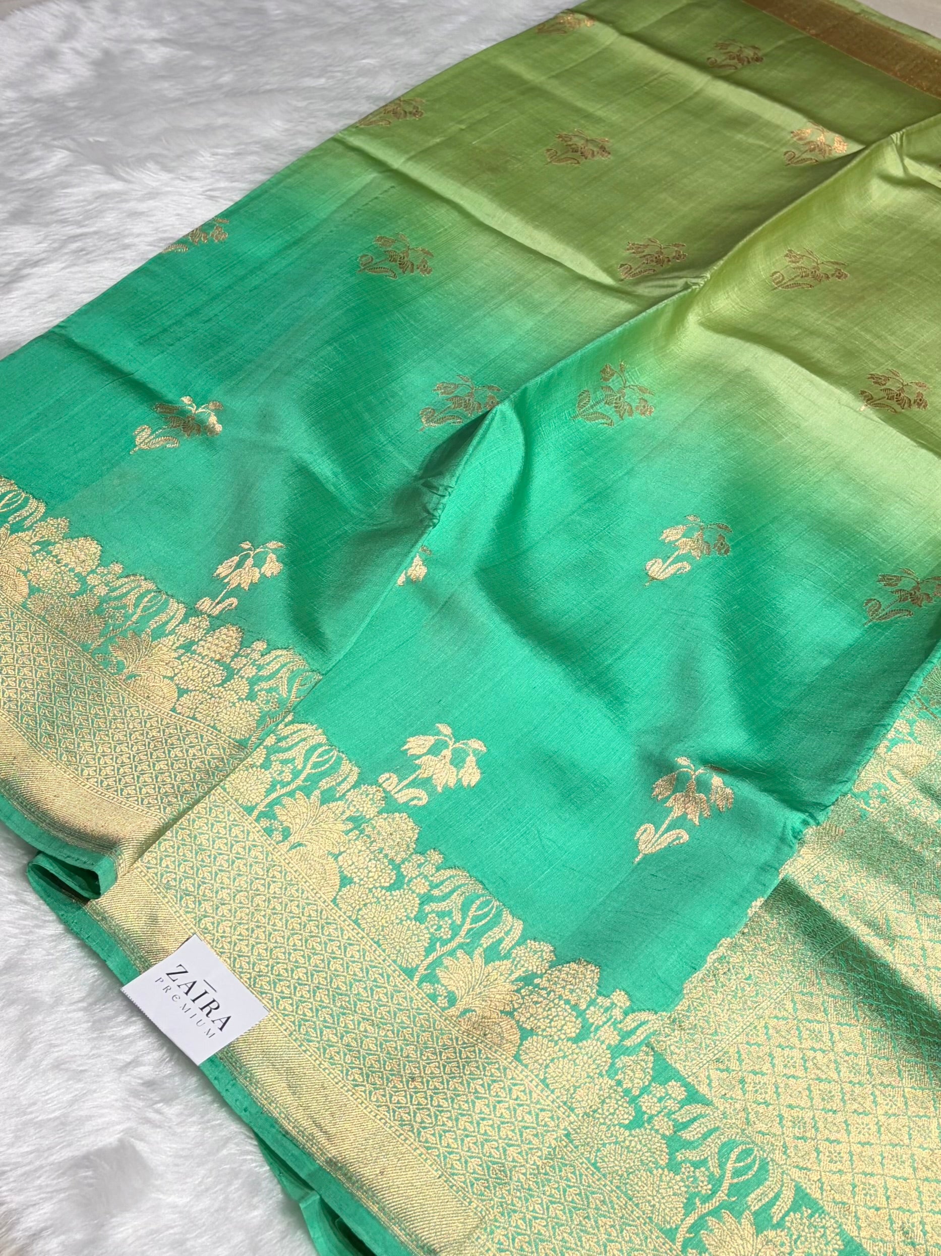 Ombré Sea Green with Pista Shades Boota Handwoven Pure Raw Mango Silk RM-17