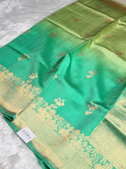 Ombré Sea Green with Pista Shades Boota Handwoven Pure Raw Mango Silk RM-17