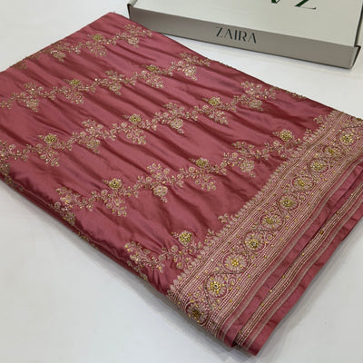 Dusty Peach Mashru Silk with Ari and Stone Work Banarasi Saree 