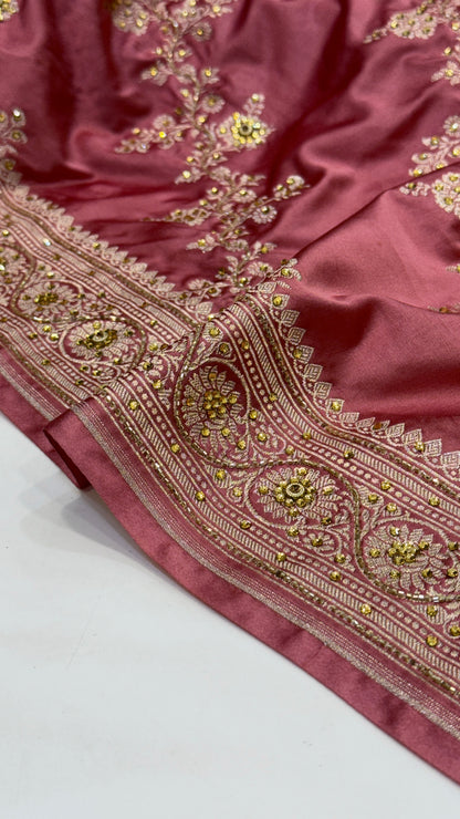Dusty Peach Mashru Silk with Ari and Stone Work Banarasi Saree 2