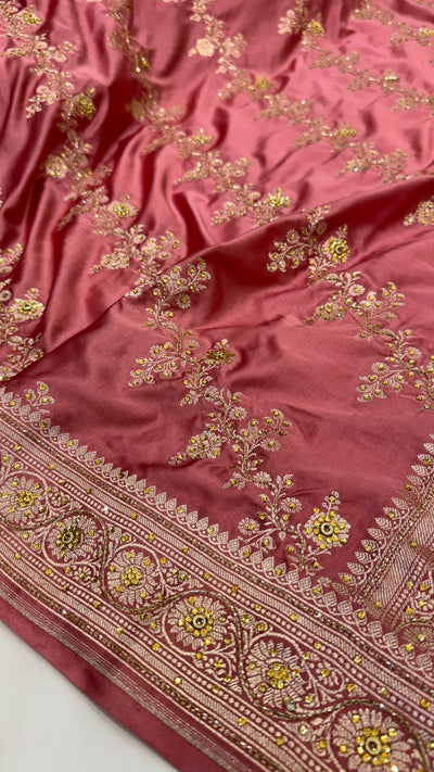 Dusty Peach Mashru Silk with Ari and Stone Work Banarasi Saree 4