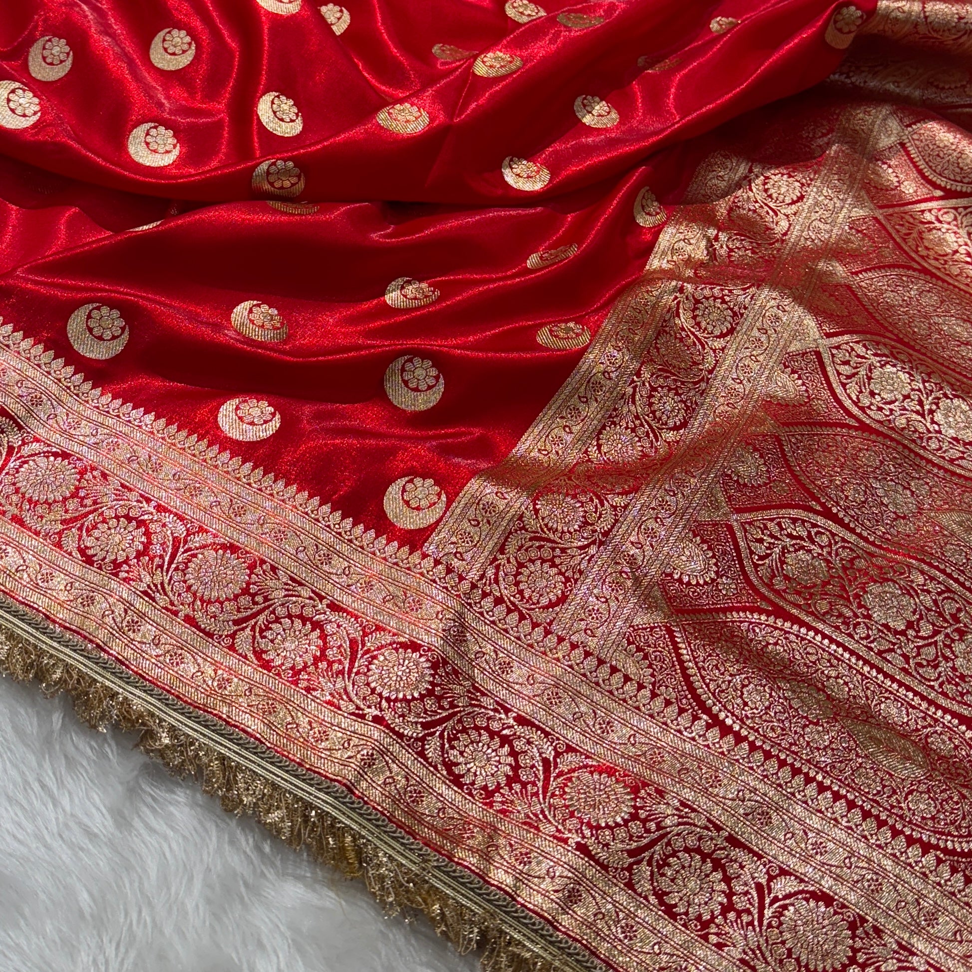 Red Chand Tara Satin Silk Saree with gotta patti