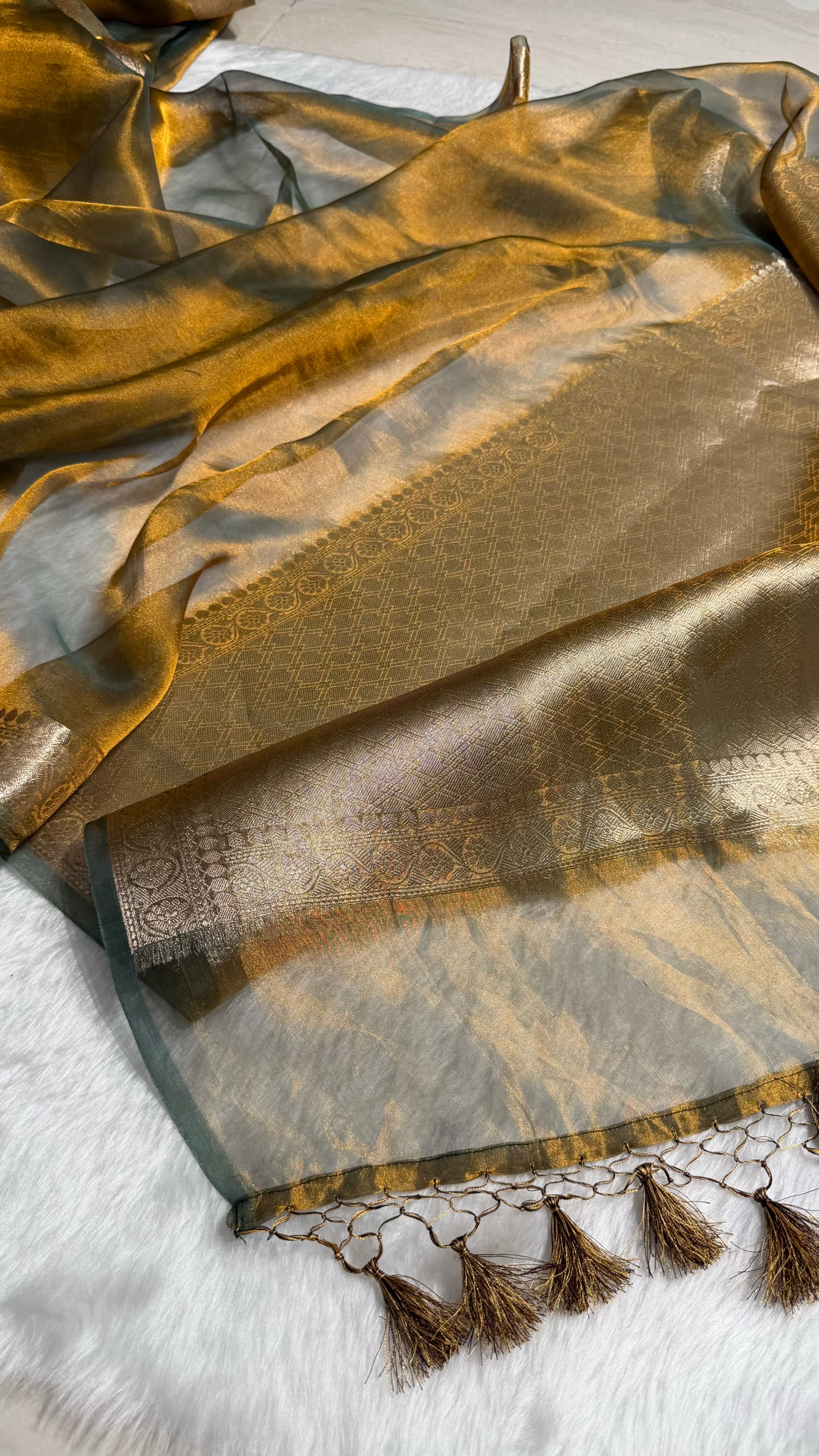 Cross Mehendi Shades Pure Tissue Silk Saree with Brocade Blouse PT-09