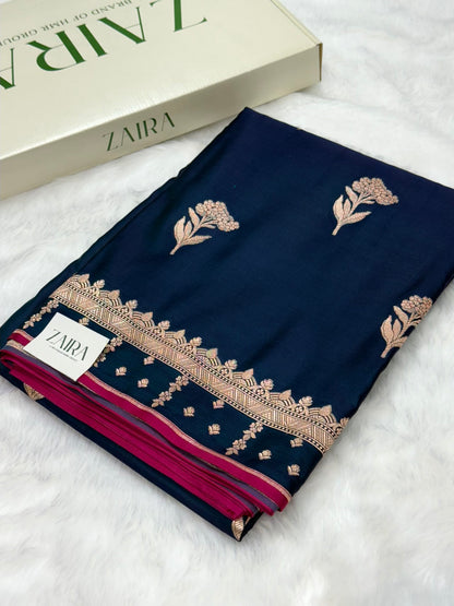 German Blue Floral Booti Motif Mashru Silk Saree MSM 08