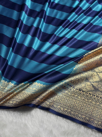 Sky Blue With German Blue Horizontal Strips Floral Border & Brocket Blouse Mashru Silk Saree MSM-84