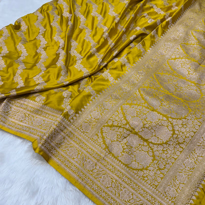 Mustard Yellow Mashru Silk Saree With Cross Pattern