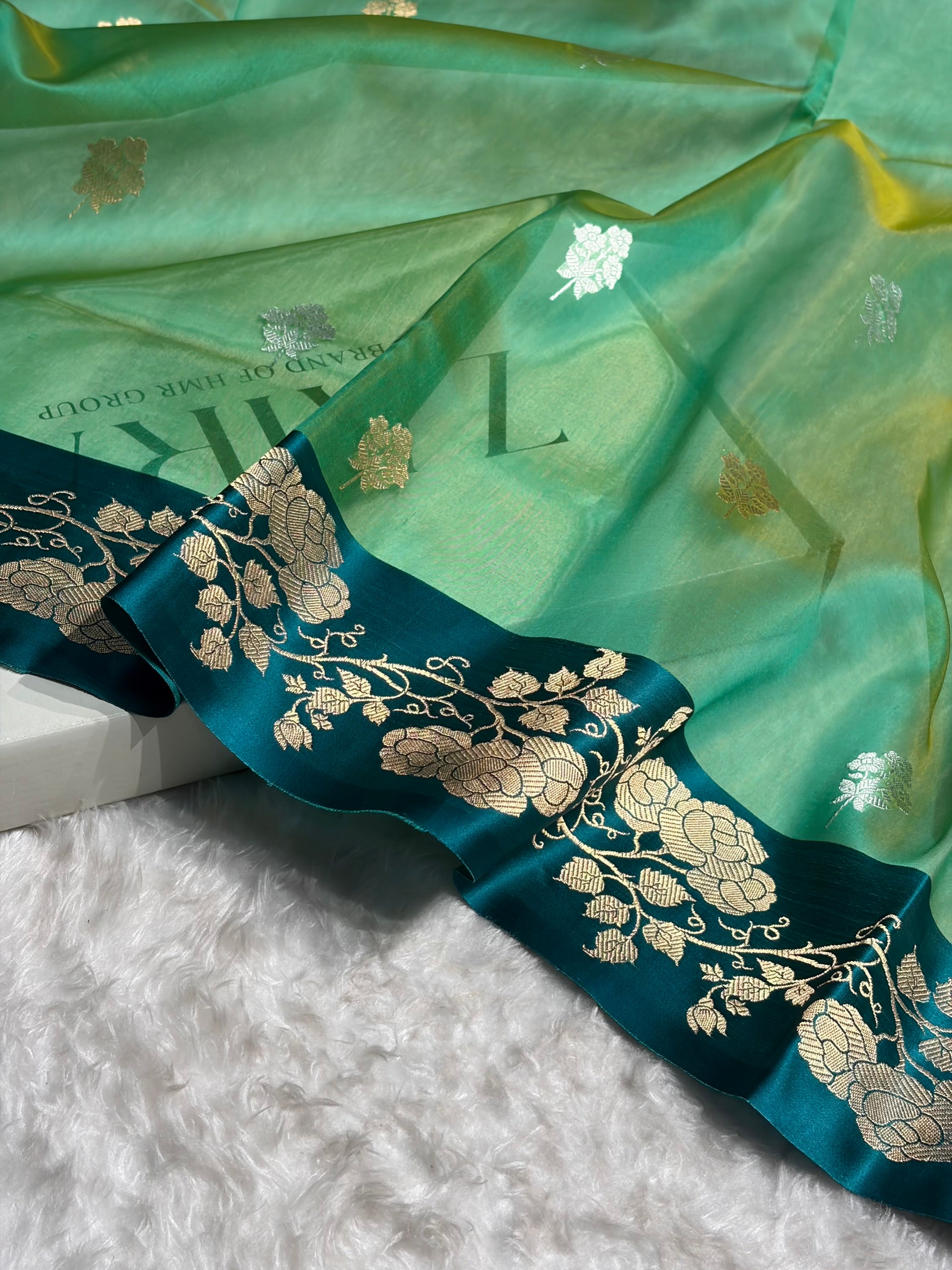 Contrast Pure Banarasi Organza Sea Green With Rama Floral Banarasi Silk Saree PO-13