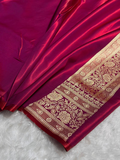 Satin Silk Saree Floral Boota in Reddish Magenta Shades SS27