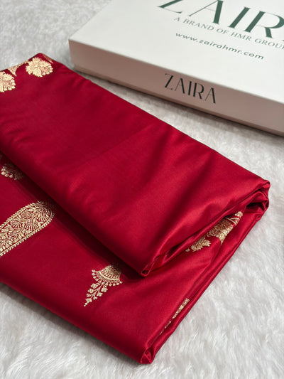 Banarasi Satin Katan Saree Plain With Floral Border Pattern in Red Shades SK140