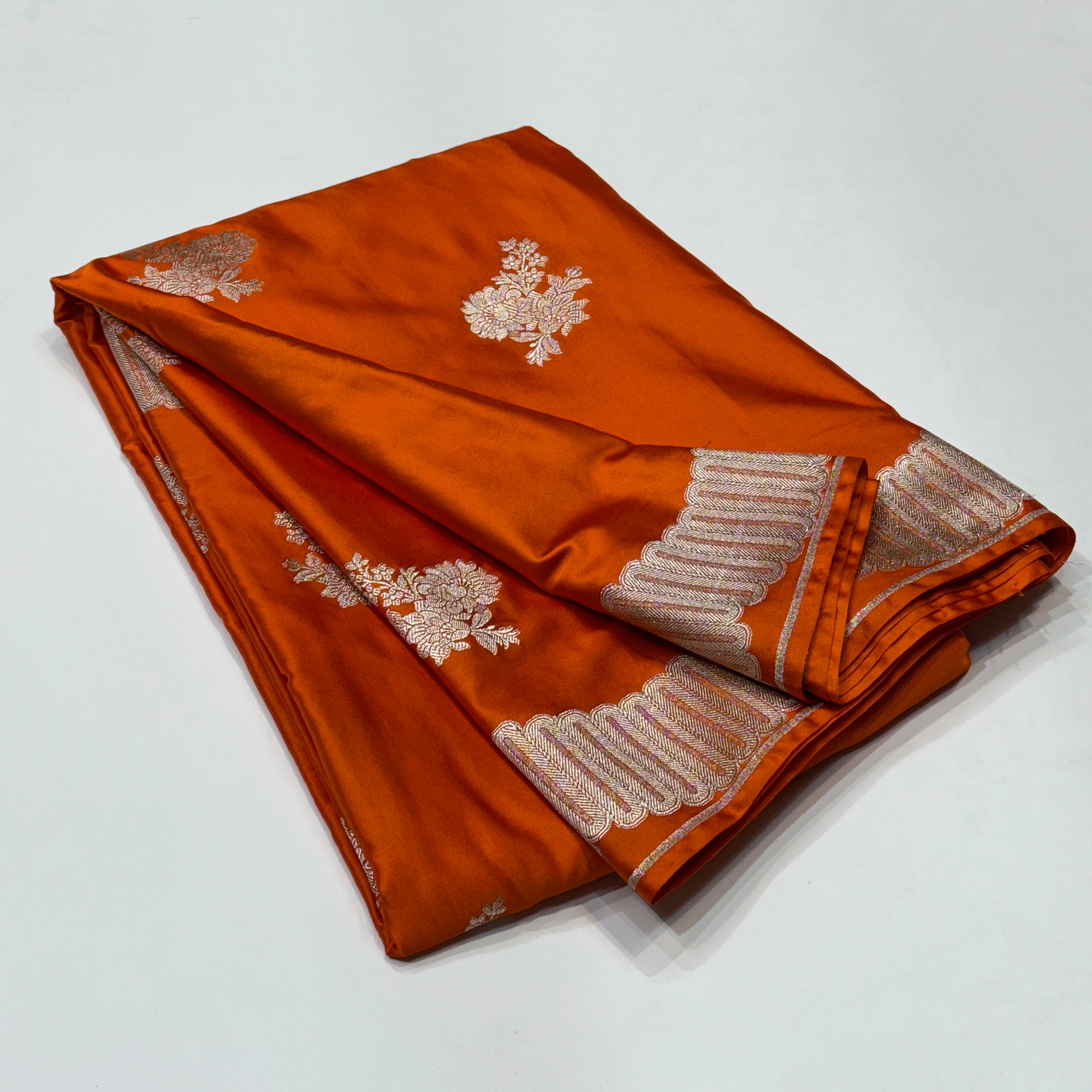 Orange Scallop Floral Boota Mashru Silk Saree with blouse and fall