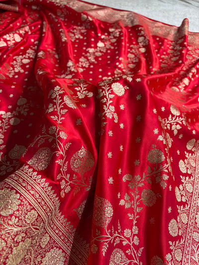 Banarasi Satin Katan Saree With Boota in Magnetic Red Shades SK114
