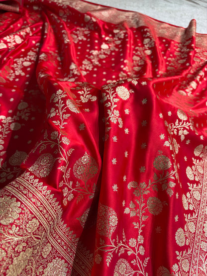 Banarasi Satin Katan Saree With Boota in Magnetic Red Shades SK114