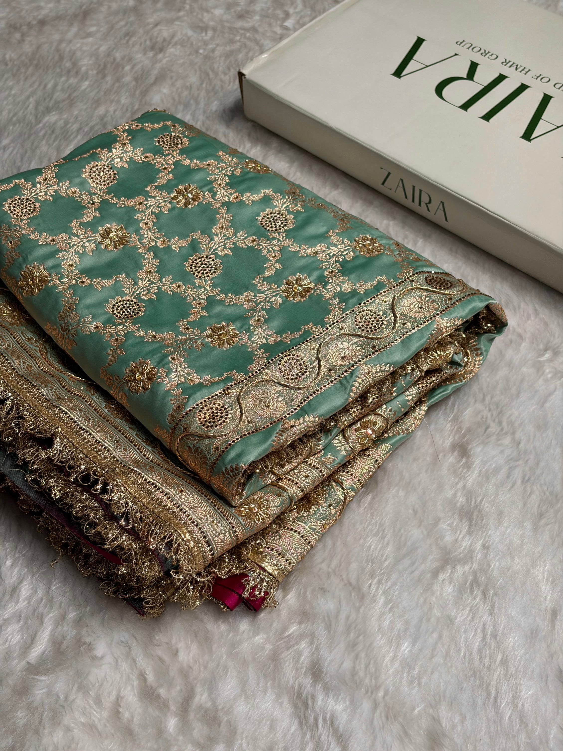 Sea Green Swavroski & Zardozi Work With Gotta Patti Jaal Pattern Satin Katan Silk Saree BSKGP25