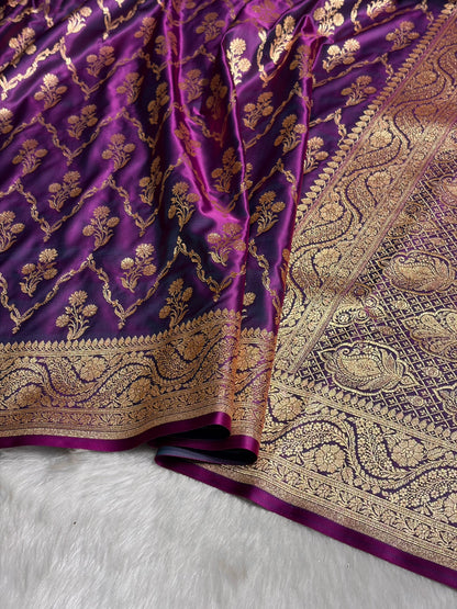 Wine Cross with Boota Pattern Satin Katan Silk Saree SK67