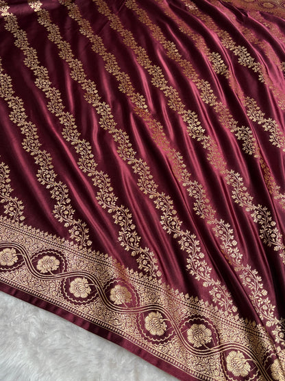 Garnet Floral Banarasi Cross Pattern Satin Katan Silk Saree SK74