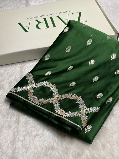 Bottle Green Minakari Scallop Floral Booti Mashru Silk Saree MS46