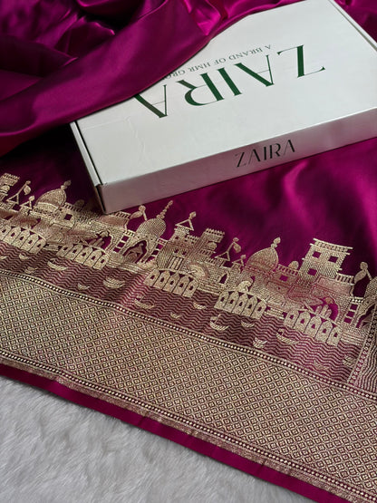 Wine Banarasi Ghat Pattern Satin Katan Silk saree SK33