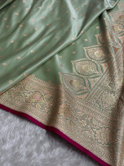 Banarasi Light Pista Booti Satin katan Silk Saree SK11